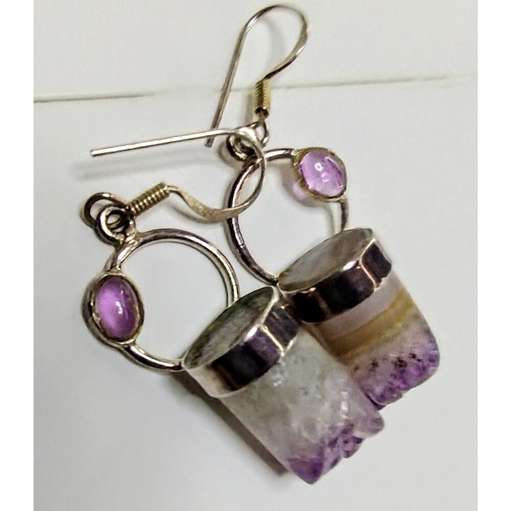 Natural Amethyst Gem & Raw Banded Druzy Quartz Pillar Sterling Silver Earrings